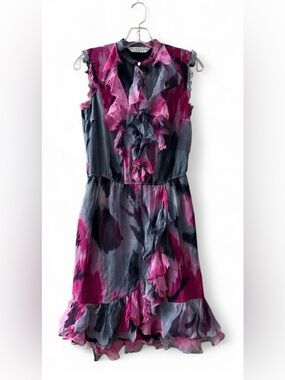 Trina Turk 100% Silk Pink and Gray Ruffle-Trim Mini Dress-See Description